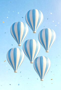 Group of colorful striped hot air balloons floating in clear sky