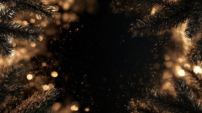 Elegant Christmas background with pine branches and gold bokeh