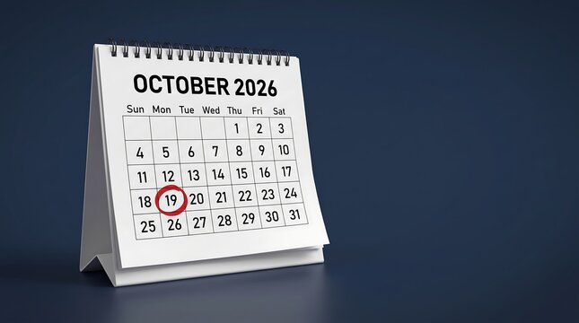 October 2026 desk calendar with circled date 19, white spiral flip calendar on dark blue background, monthly planner for business scheduling, time management and deadline reminder concept
