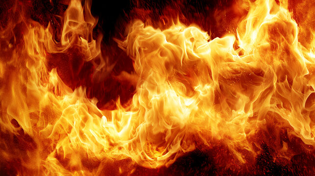 Bright yellow and orange intense fire flames blazing in chaotic motion
