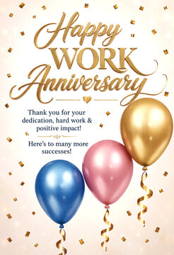 Happy Work Anniversary Celebration Card With Colorful Balloons And Confetti