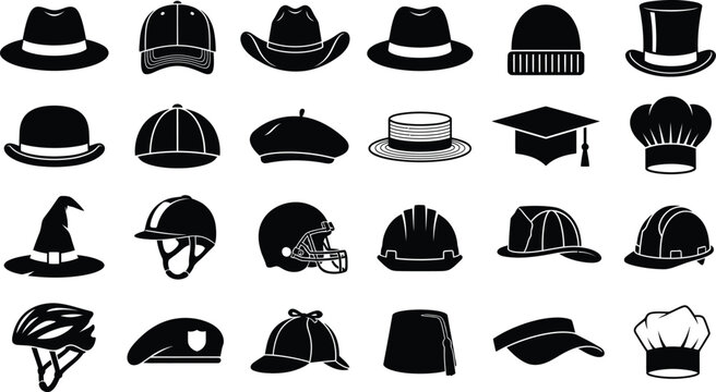 Black hats and caps set vector graphic illustration featuring various headwear styles and fashion accessories isolated on white background