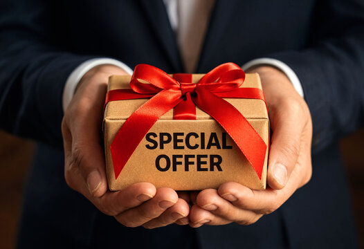 Person holding gift box labeled special offer with red ribbon