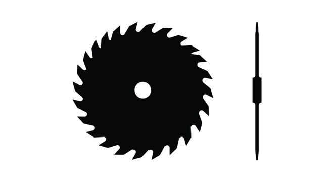 Black silhouette of a circular saw blade and side view on a white background
