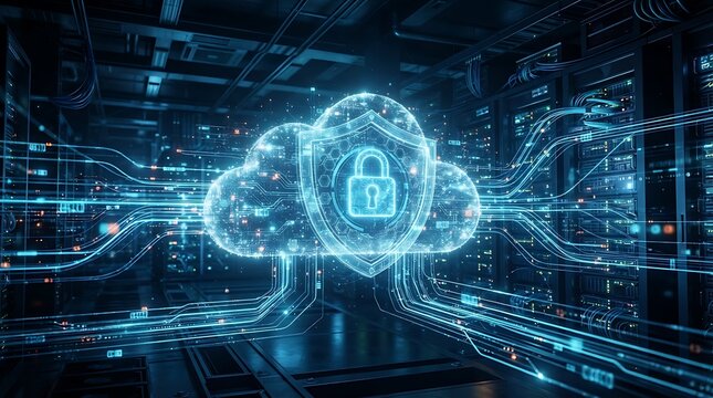 Digital cloud computing concept with security padlock icon and glowing data streams in a server room cyber security data storage network infrastructure cloud technology information security