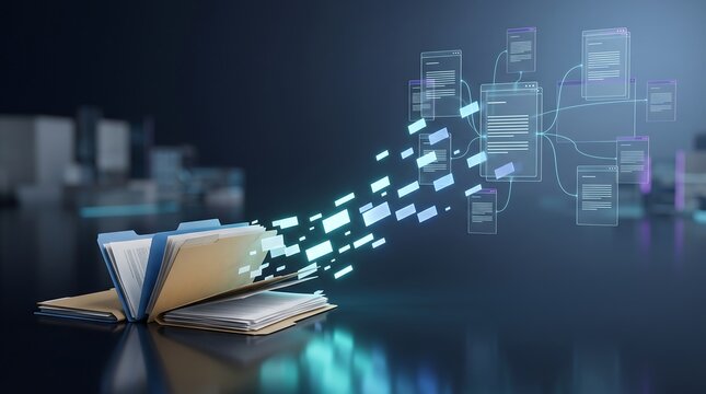Digital document folder converting into multiple floating file icons illustrating data migration cloud storage organization and file management system in professional workspace