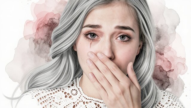 Emotional portrait of a woman with gray hair and a tearful expression