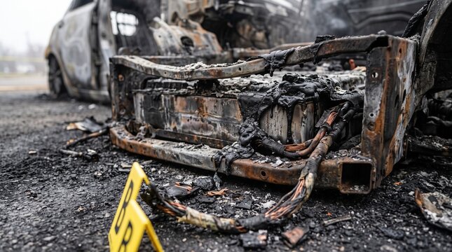 Burned car chassis with melted wires and evidence marker