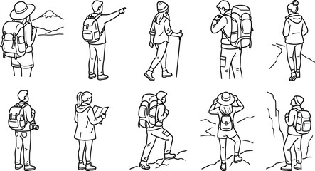 Obraz premium People Hiking and Trekking Line Art Set with Mountain Backpacker Characters for Outdoor Travel Designs