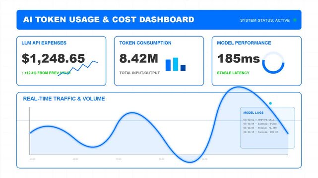 Digital dashboard showing ai token usage cost, consumption metrics, and performance analytics for software development monitoring