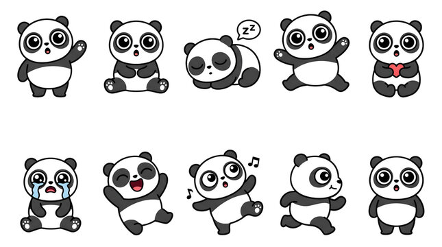 Set of cute cartoon panda characters with various emotions and poses, including sleeping, crying, laughing, and holding a heart. Vector illustration.
