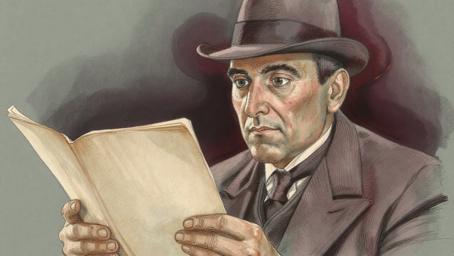 Thoughtful gentleman reading a book in vintage attire adorned with a hat