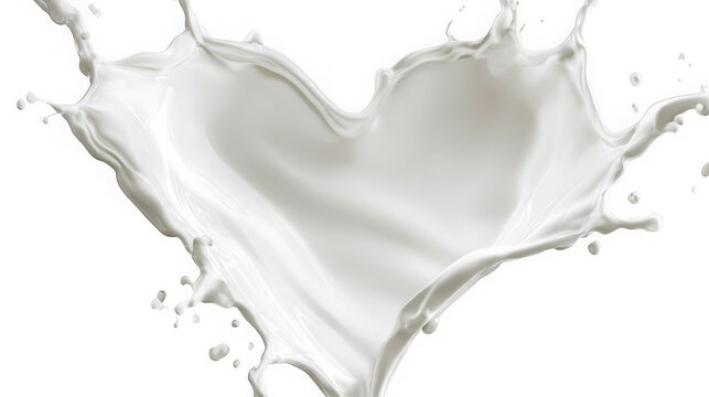 A white milk splash shaped like a heart on white background