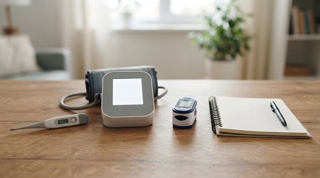 Professional using digital blood pressure monitor, thermometer, and pulse oximeter on wooden desk for home health tracking