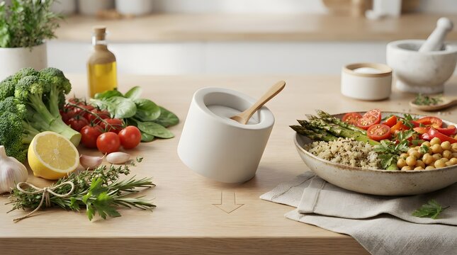 Fresh ingredients and mortar pestle setup for healthy gourmet meal preparation on wooden kitchen counter