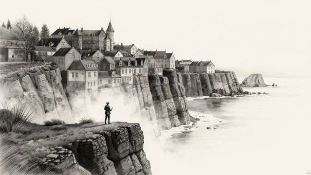 Serene Coastal Landscape with Cliffs and Charming Seaside Village