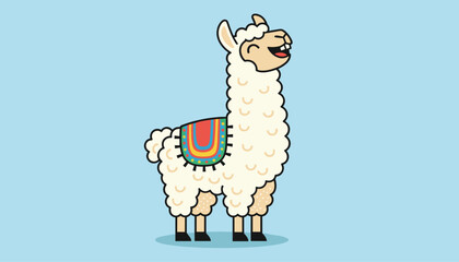 Fototapeta premium Adorably happy cartoon llama wearing a colorful decorative saddle blanket standing proudly on a light blue background.