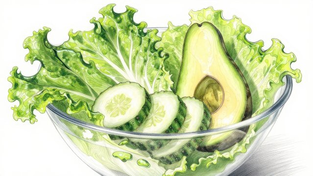 Fresh Green Lettuce and Sliced Cucumber with Creamy Avocado Bowl