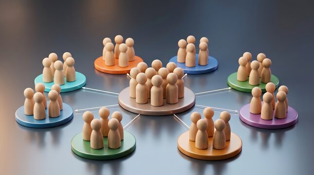 Central team hub distributing tasks to diverse departments represented by wooden figures on colored circular platforms connected by light pathways for organizational structure
