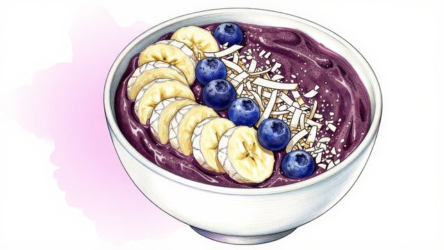 Colorful Bowl of Smoothie with Bananas, Blueberries, and Coconut