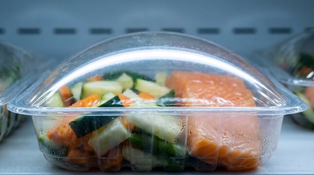 Fresh salmon and vegetables in plastic meal prep container