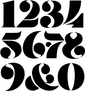 Stylish high-contrast Didone-style stencil numbers 1-0 and ampersand, featuring bold stems and sharp cutouts, ideal for fashion magazines, luxury packaging, and editorial headers.