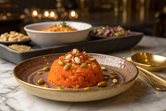 Gajar halwa served as an elegant plated dessert, vibrant carrot halwa molded into a refined shape, topped with pistachios, almonds and saffron, luxurious ceramic plate, polished marble table, warm cin