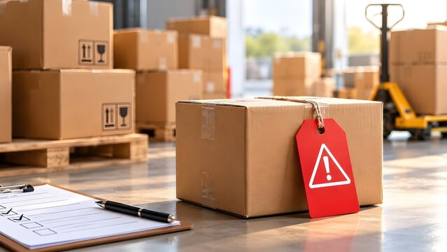 Warehouse storage with stacked cardboard boxes one with a red warning tag showing an exclamation mark clipboard with checklist and pen in foreground
