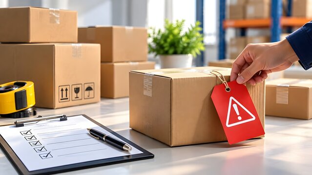 Warehouse worker attaches a red warning tag with an exclamation mark symbol to a cardboard shipping box with checklist and tape measure on table.