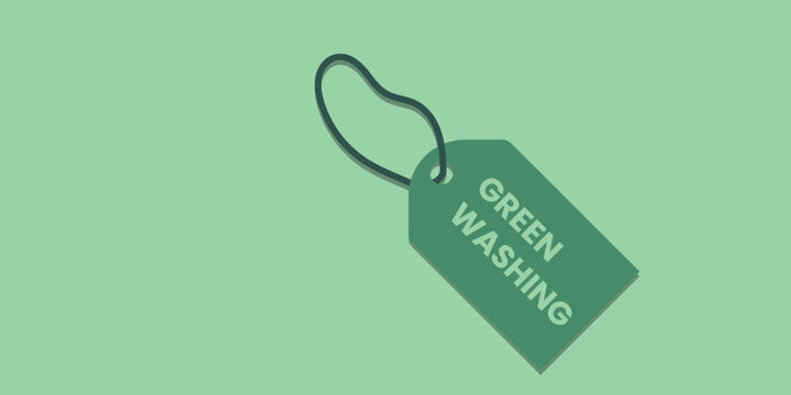 A green price tag with "GREENWASHING" text on a green background. Concept illustration of corporate disinformation, green marketing, non-transparent way, environmental responsibility, and pollution.