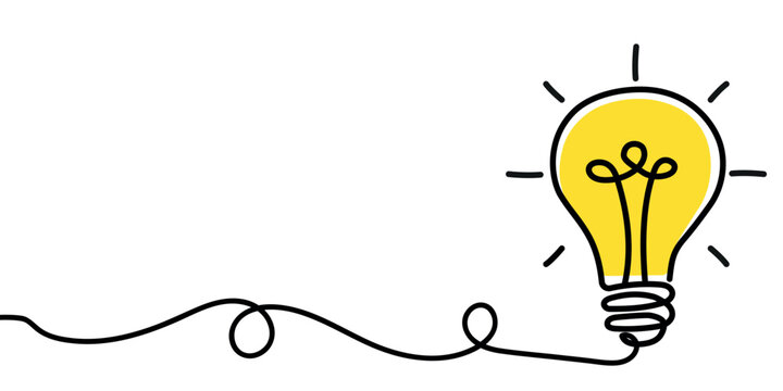 A doodle glowing yellow light bulb illustration with a continuous cable or line symbolizes a brilliant idea. Concept illustration vector design.