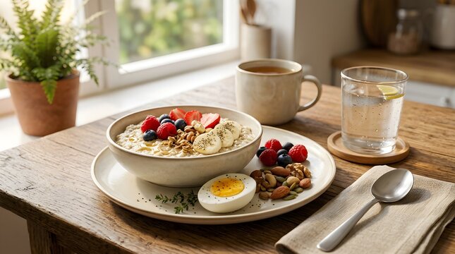 Health-conscious professional preparing balanced breakfast with oatmeal, eggs, and berries on wooden table