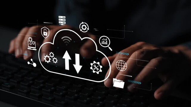 Modern Digital Data Transfer with Cloud Technology and User Interface Elements Illustrating Connectivity and Secure Uploads from Keyboard Input. Entropy.