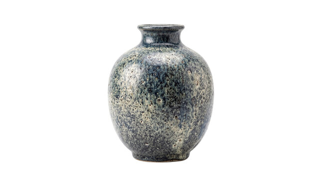 Vintage ceramic vase with blue speckled glaze, antique stoneware pottery vessel, decorative rustic clay jar isolated on white background