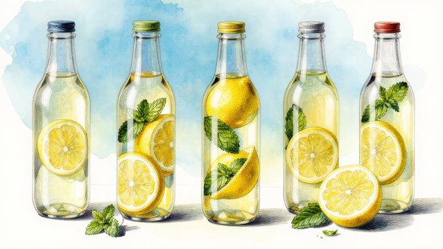 Refreshing Lemon Beverage Bottles with Mint and Citrus Slices