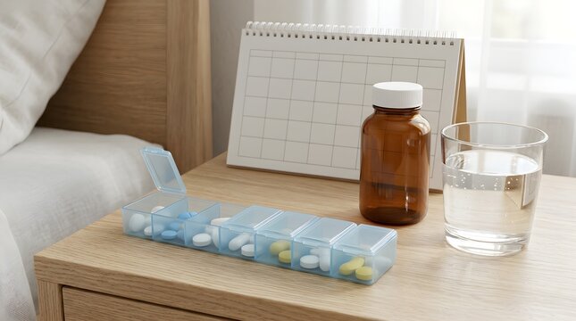 Organized pill organizer with medication bottles and water on bedside table for daily health routine