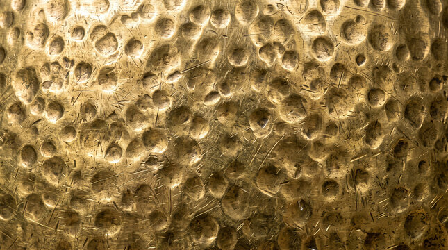 Close up of a hammered brass metal surface with a textured dimpled pattern and natural scratches