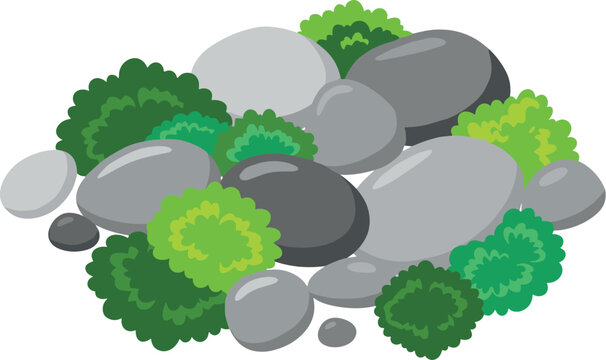 Zen garden stones and moss vector illustration featuring smooth grey river rocks with vibrant green foliage for landscaping