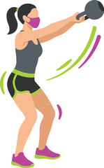 Fototapeta premium Woman exercising with kettlebell in flat style featuring motion lines for a modern fitness vector illustration