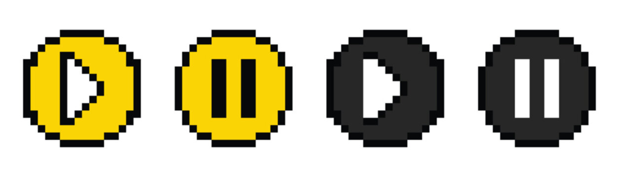 Pixel Play and Pause Icons: A set of four retro pixel art icons featuring play and pause buttons in yellow and black, perfect for digital interfaces and media players.