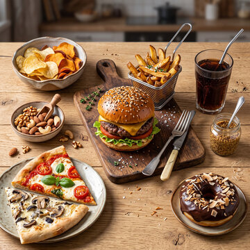 Grilled Pizza, Burger Fries and Sandwich with Fresh Vegetables and Tomato on Toasted Bread, Delicious Gourmet Lunch or Dinner Meal