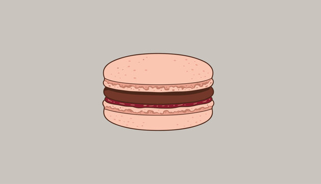 Delicious sweet pink french macaron vector illustration with chocolate filling on a simple grey background.