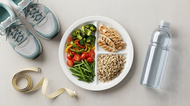 Health-conscious adult preparing balanced meal with grilled chicken, vegetables, quinoa, and water for fitness routine