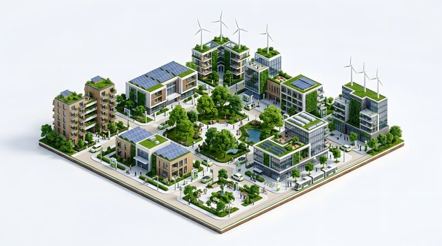 3D isometric smart green city with solar panels and wind turbines for ESG concept