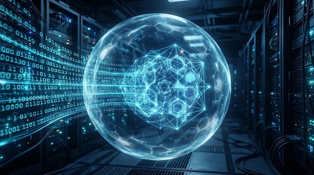Futuristic digital sphere with binary code streams flowing inside a high tech server room data stream data network blue light technology futuristic connection communication abstract interface