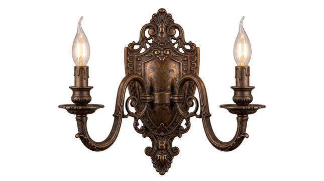 Vintage bronze wall sconce with ornate carvings, classic double light candelabra fixture, antique brass electric candle lamp isolated on white