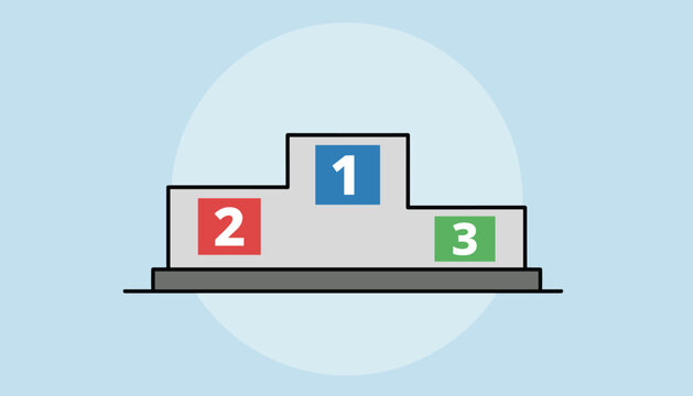 Winner sports podium with first second and third place stands on a light blue background, champion pedestal illustration.