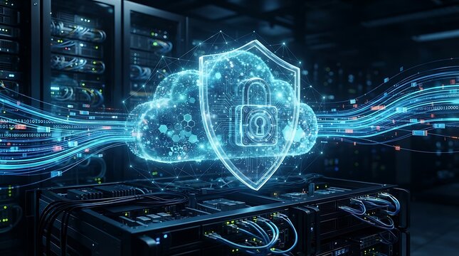 Glowing digital cloud security shield with padlock protecting data inside a server room data protection blue light technology futuristic cybersecurity connection communication abstract