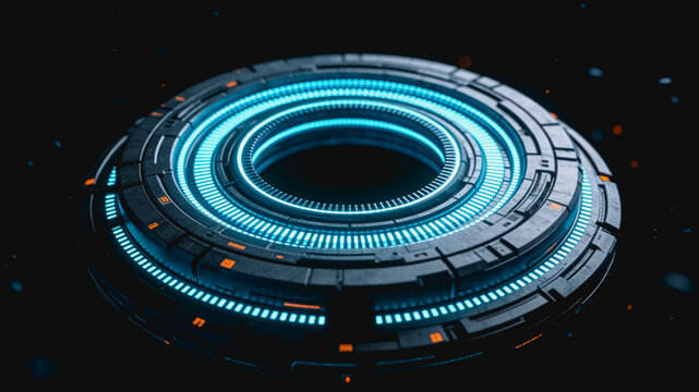 A circular futuristic sci-fi interface with glowing blue neon rings, set against a dark, particle-filled background, featuring mechanical and electronic details.