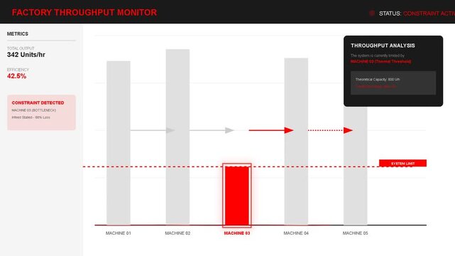 Digital factory throughput analytics dashboard with bar chart visualizing operational efficiency, production flow monitoring, industrial data analysis